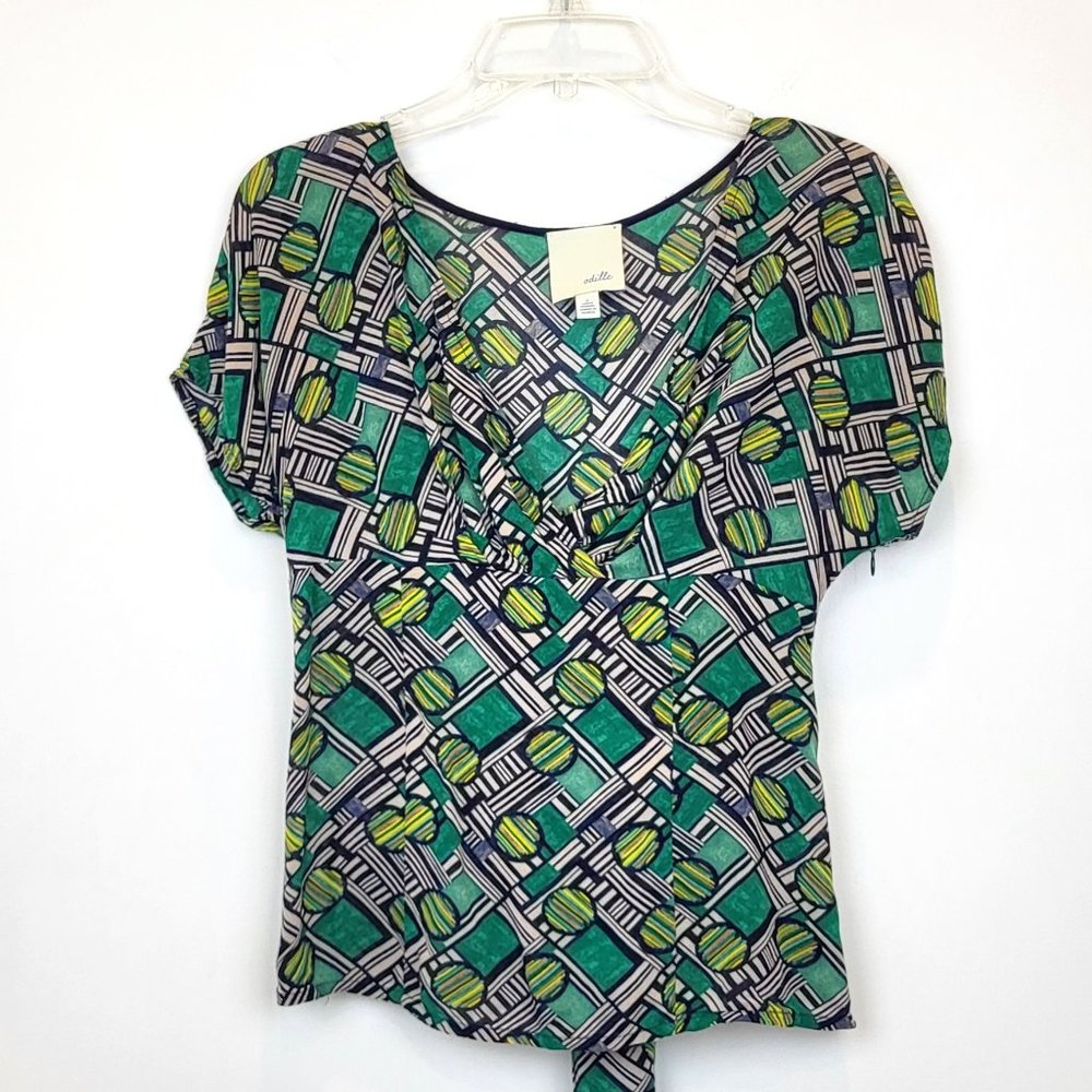 Odile Green Geometric Print V Neck Back Tie Short Sleeve Blouse, Size 2, GUC